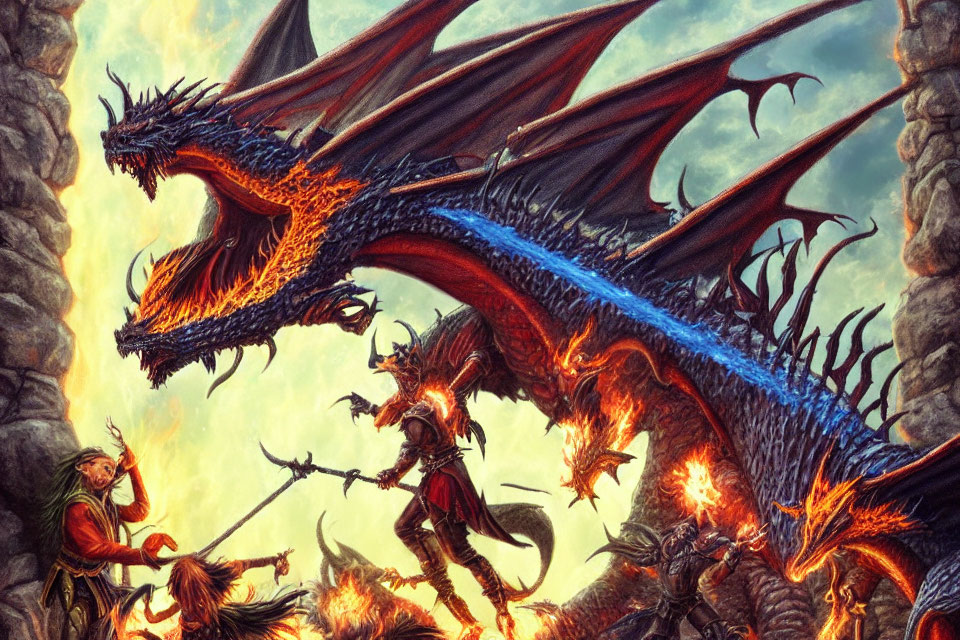 Warriors face glowing orange dragon with blue underwings in rocky scene