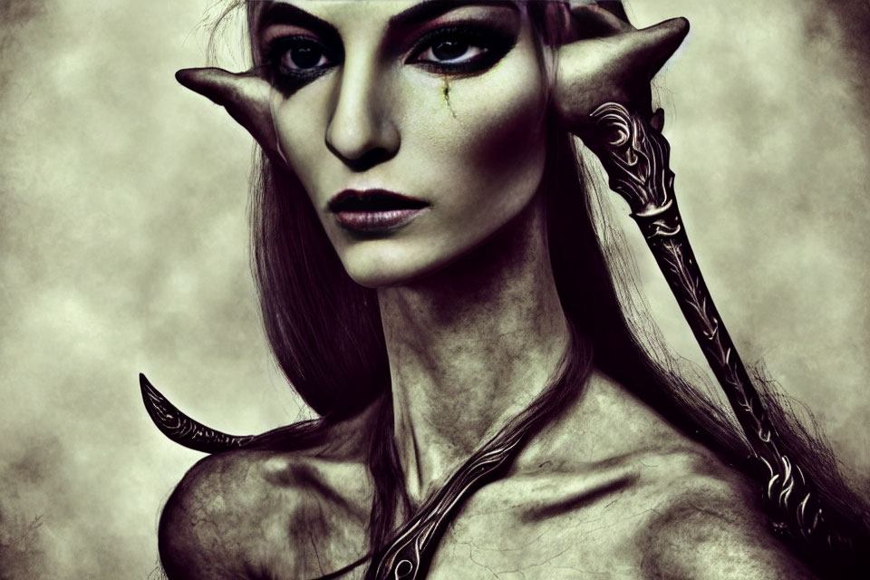 Fantasy character with pointed ears, elongated features, tattoos, dramatic makeup, and intense gaze.