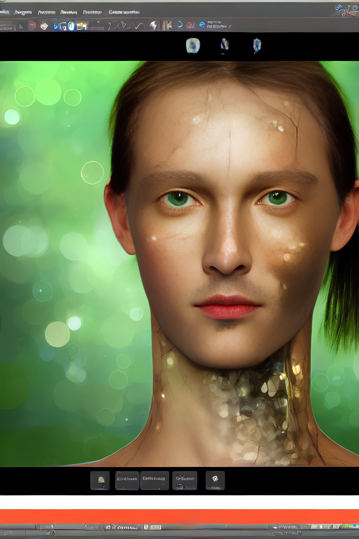 Serene person in digital artwork with glitch elements on green background