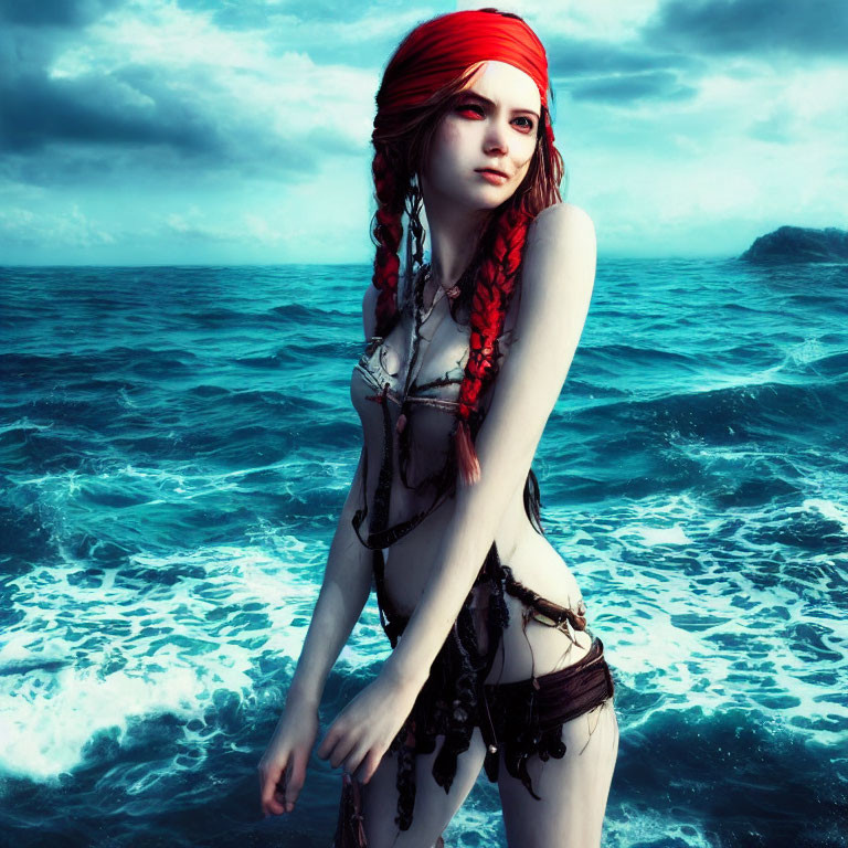 Red-haired woman in tribal attire against ocean backdrop