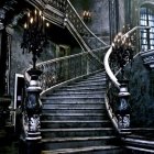 Eerie Halloween scene with figure on spooky staircase