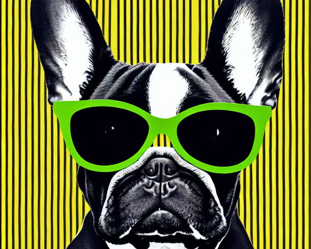 French Bulldog with Green Sunglasses on Yellow and Black Striped Background