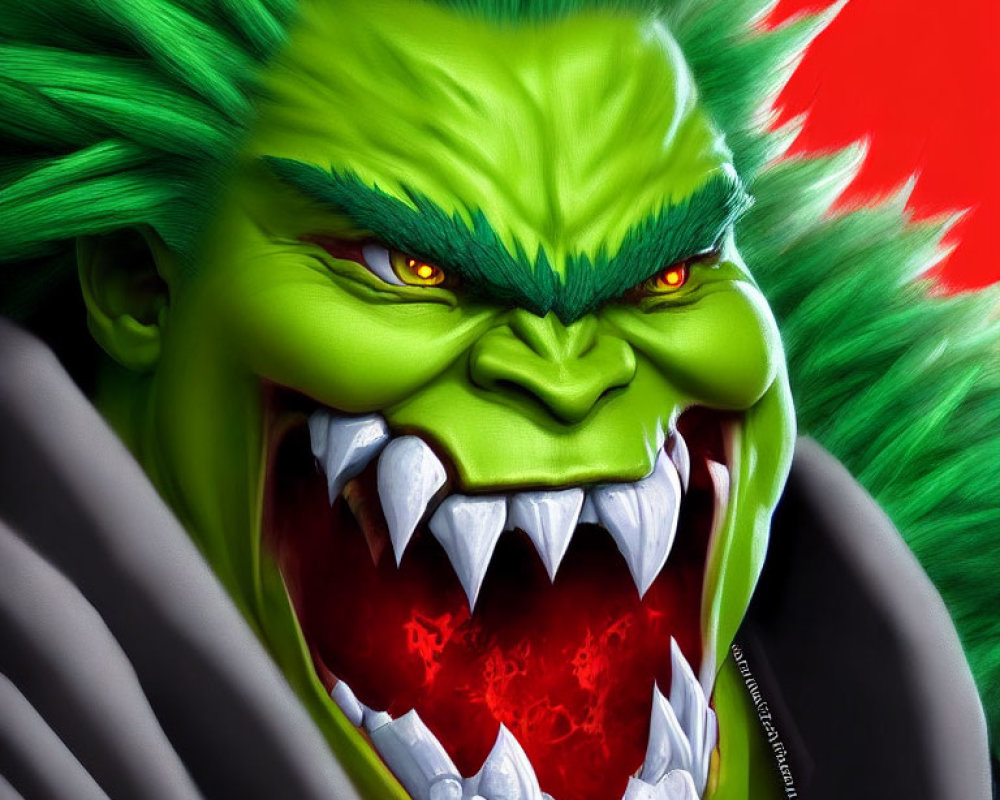 Fierce green creature with spiky hair and sharp teeth on red and green background