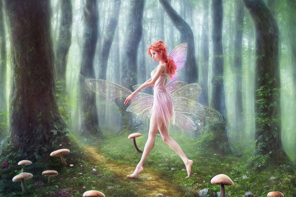 Graceful red-haired fairy in enchanted forest with delicate wings