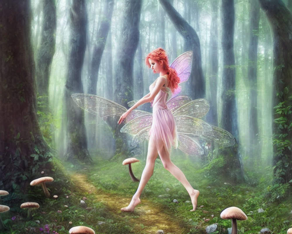 Graceful red-haired fairy in enchanted forest with delicate wings