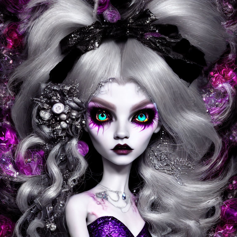 Gothic fantasy doll with curly grey hair and purple eyes