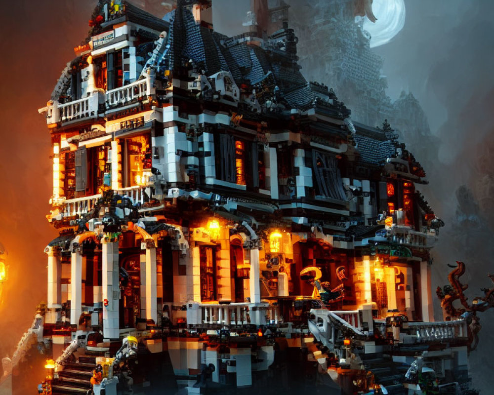 Detailed Lego model of multi-storied house in foggy moonlight