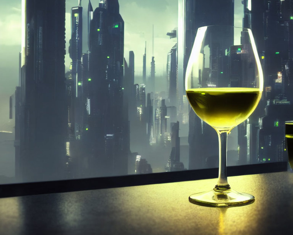 Glass of Wine on Table with Futuristic Cityscape Background