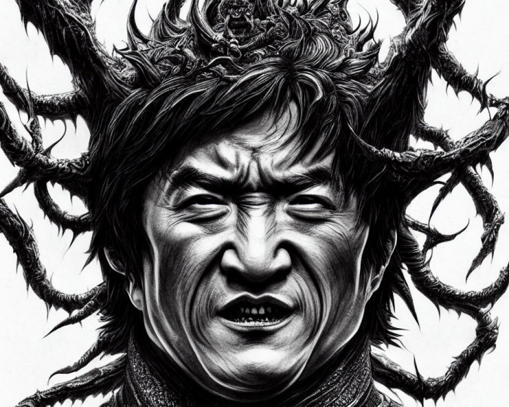 Detailed Black and White Illustration of Man with Intricate Thorn-like Patterns