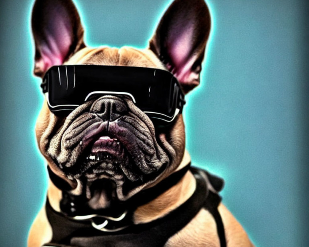 Adorable French Bulldog in Sunglasses and Harness on Blue Background