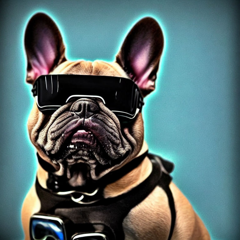 Adorable French Bulldog in Sunglasses and Harness on Blue Background