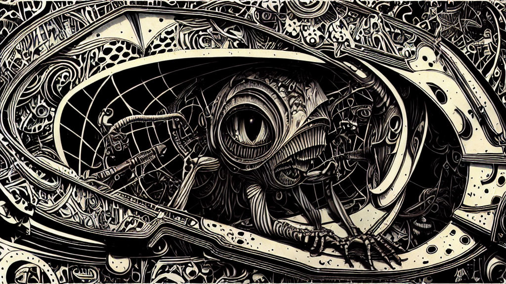 Detailed black and white drawing of fantastical creature in ornate mechanical framework