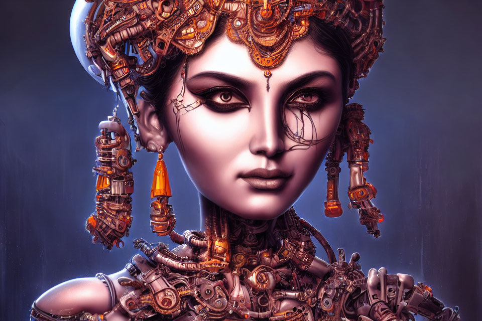 Digital artwork featuring female figure with intricate metallic headgear and fusion of human and mechanical elements