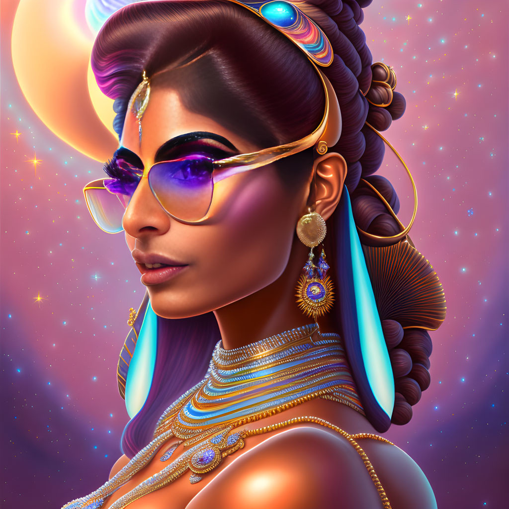 Woman adorned with golden jewelry and futuristic sunglasses in cosmic setting