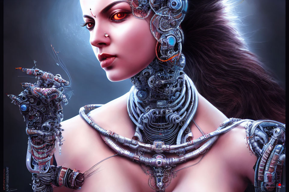 Cyborg woman digital artwork with intricate mechanical parts