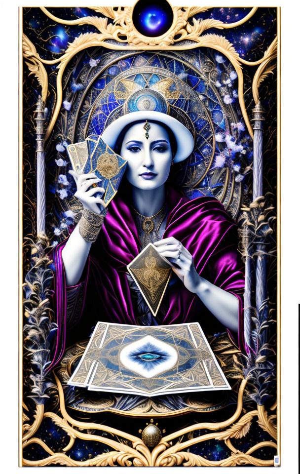 Mystical figure with multiple arms holding tarot cards in purple and gold cosmic setting