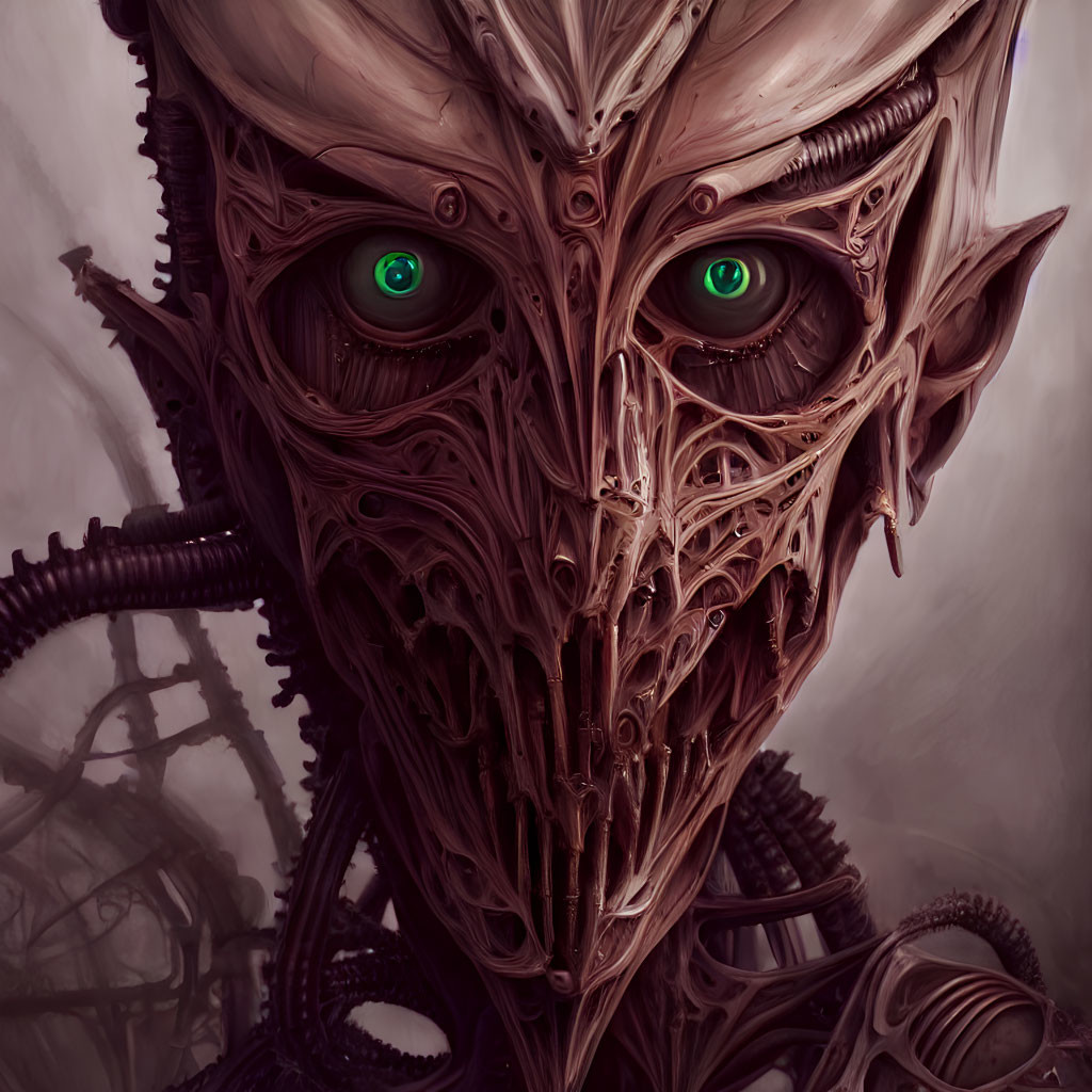 Detailed Alien Face Illustration with Biomechanical Features and Green Eyes