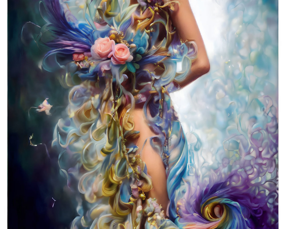 Colorful illustration of ethereal woman with elaborate hair and attire against dark backdrop