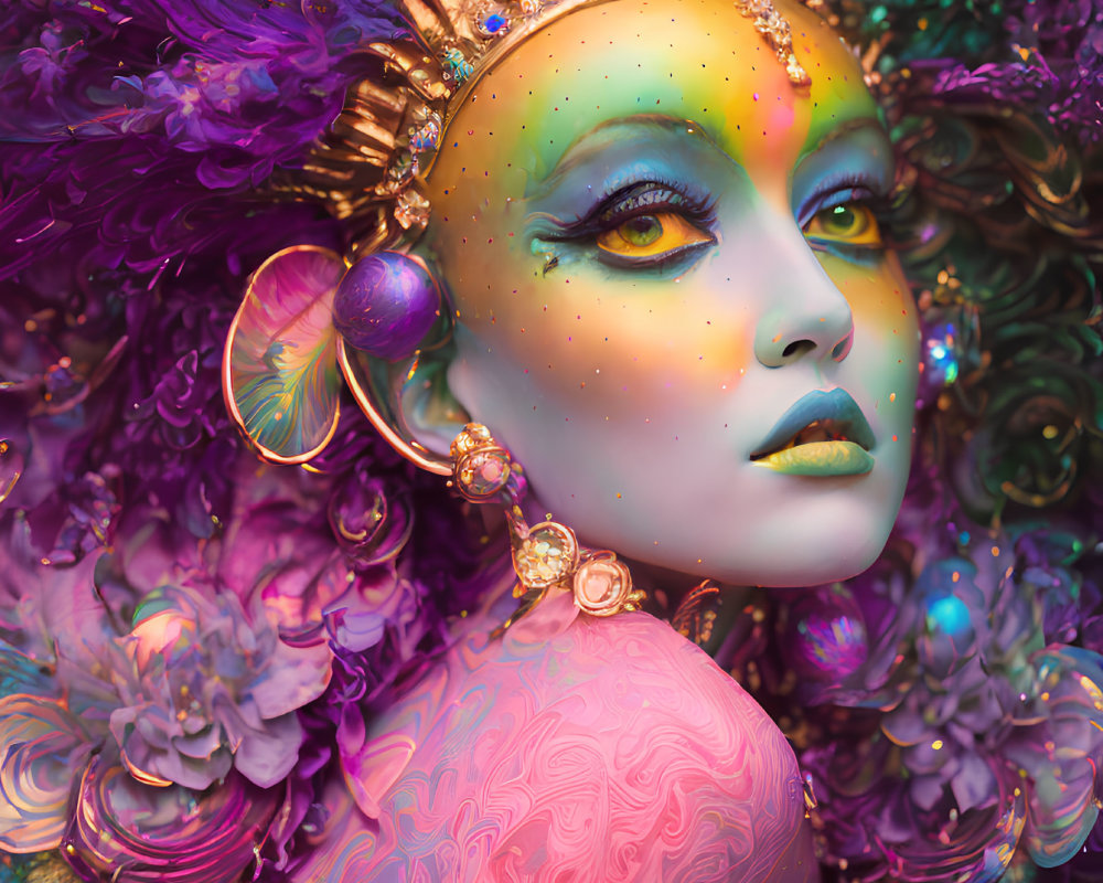 Colorful portrait of person with vibrant makeup and elaborate headdress against purple floral background