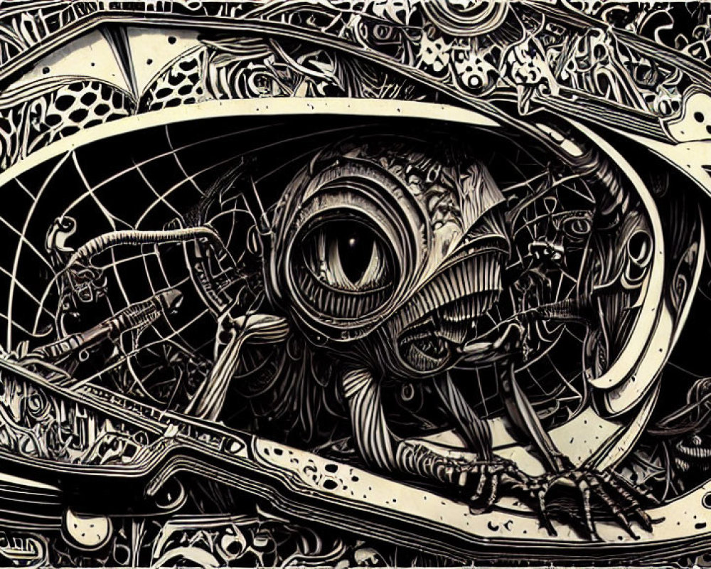 Detailed black and white drawing of fantastical creature in ornate mechanical framework