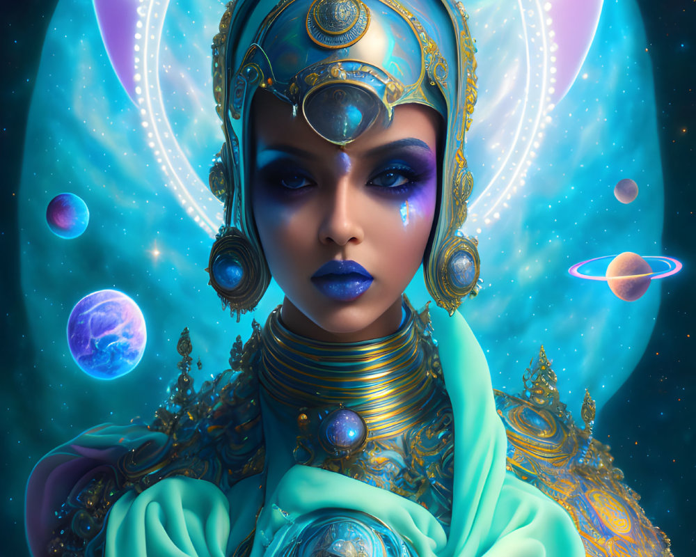 Celestial-themed artwork with figure in cosmic attire and galaxy backdrop