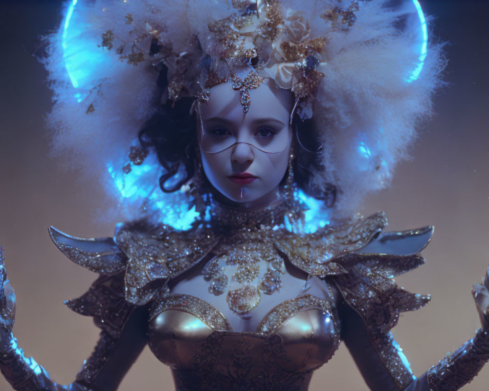 Elaborate fantasy costume with gold embellishments and headdress posing dramatically