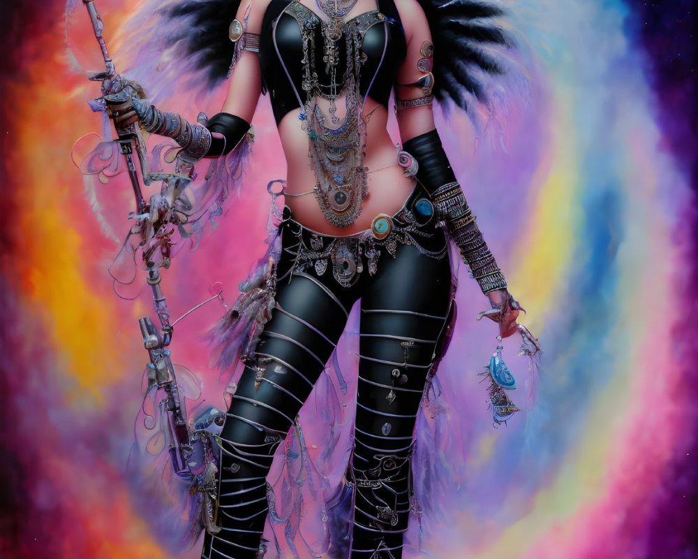 Fantasy-inspired female figure in dark attire against vibrant nebula background