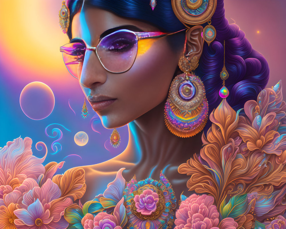 Colorful digital artwork: woman with jewelry, glasses, cosmic backdrop.