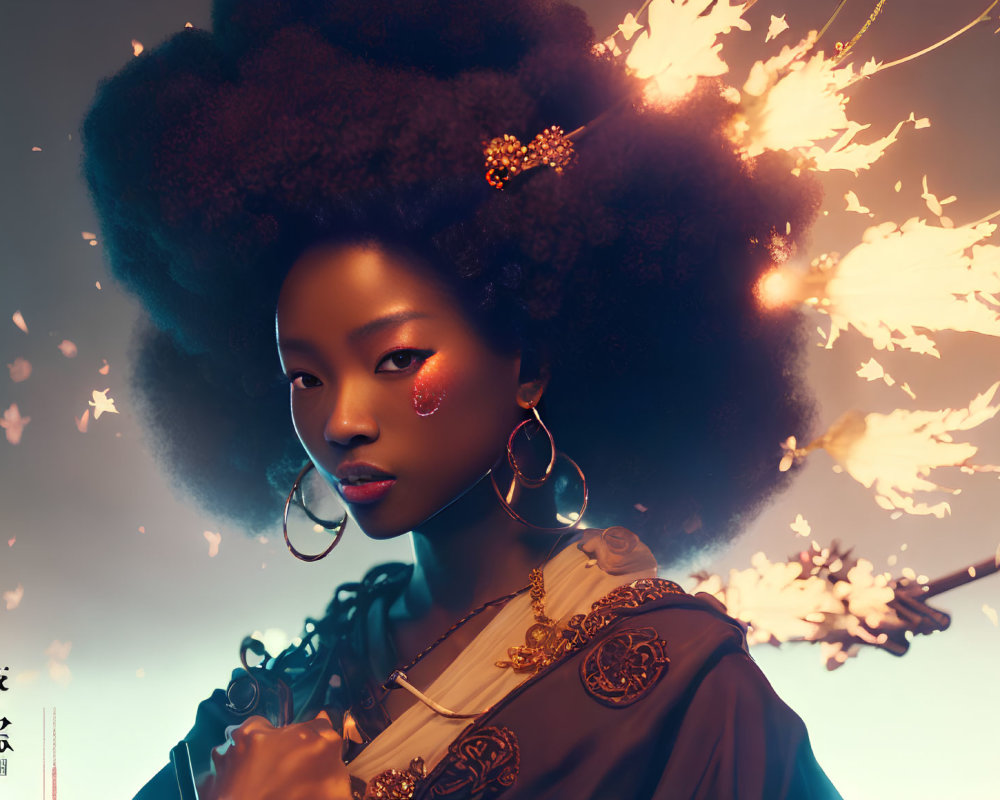 Intense gaze of woman with afro and fiery effects against warm backdrop