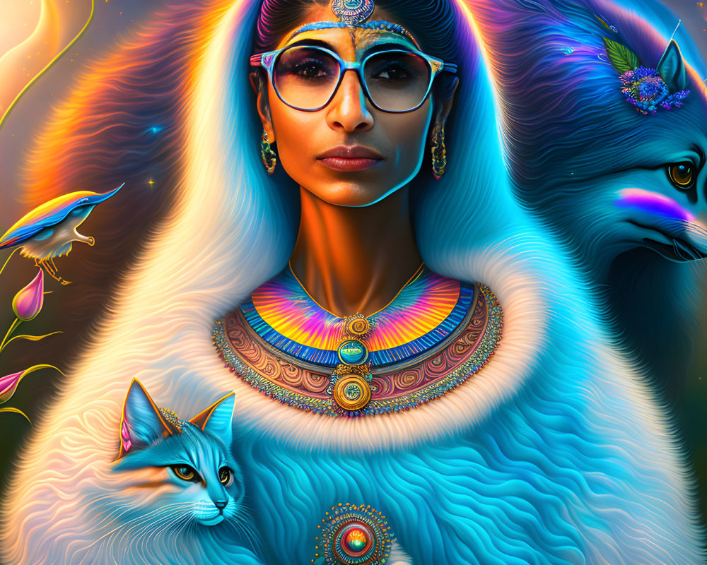 Colorful Digital Artwork: Stylized Egyptian-Inspired Woman with Animals