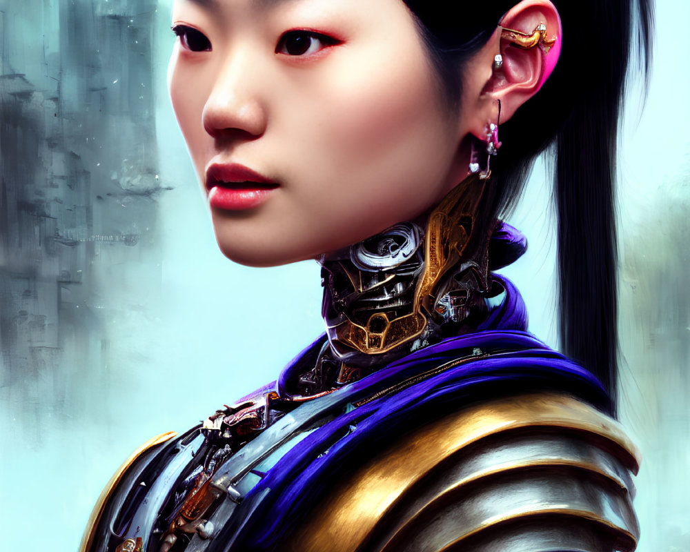 Detailed Female Cyborg Portrait with Mechanical Neck Components and Asian Earrings