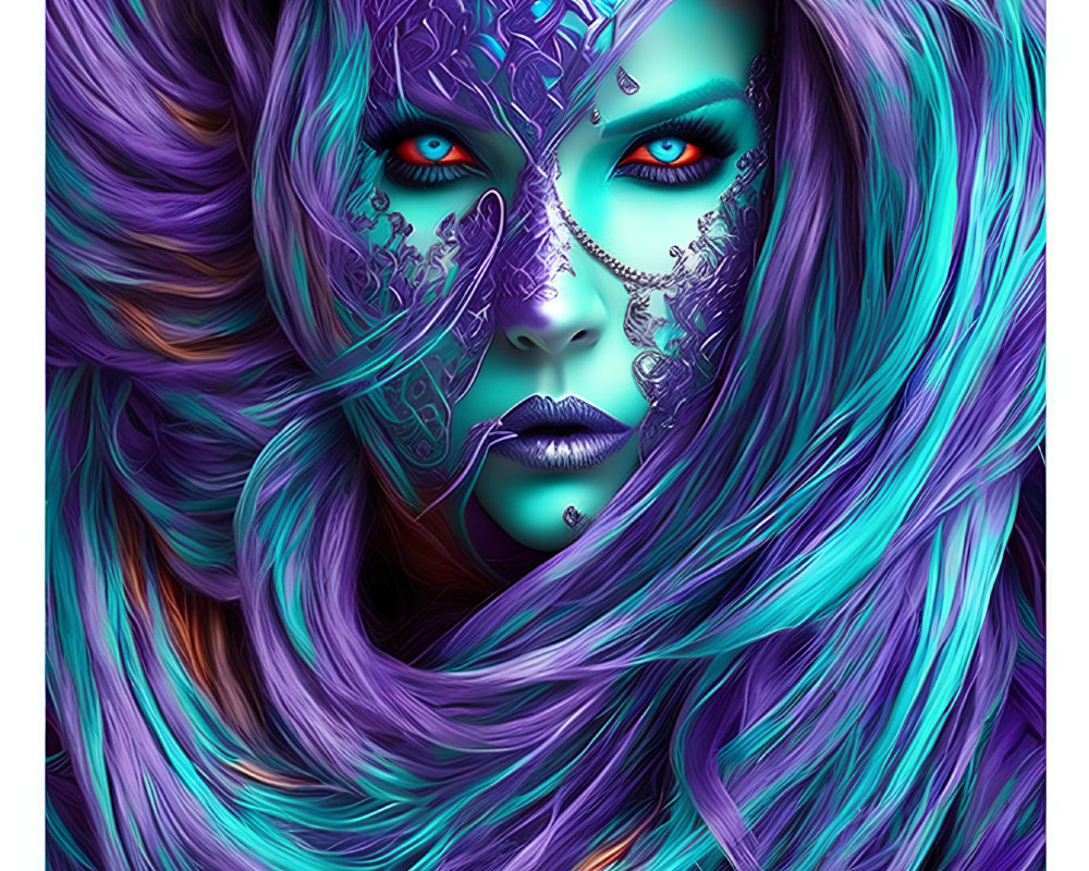 Vibrant purple hair and blue skin on mystical woman with intricate facial markings