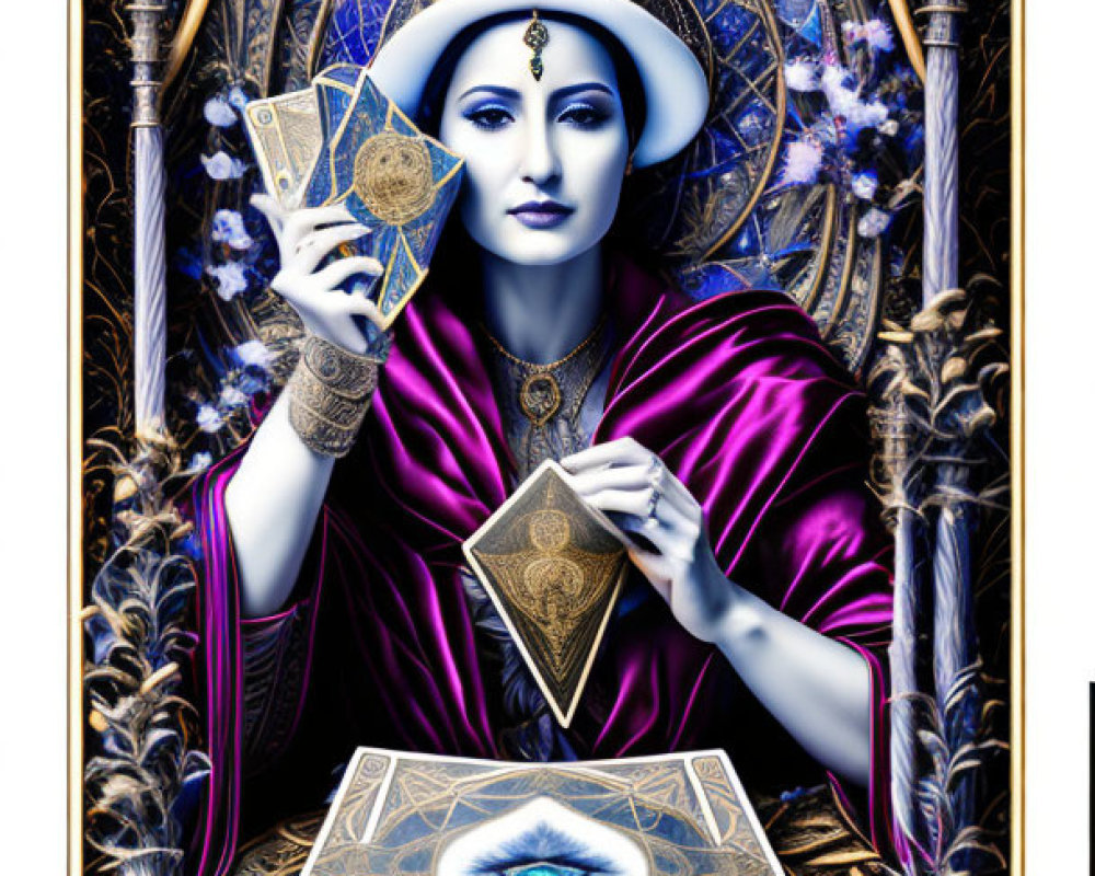 Mystical figure with multiple arms holding tarot cards in purple and gold cosmic setting