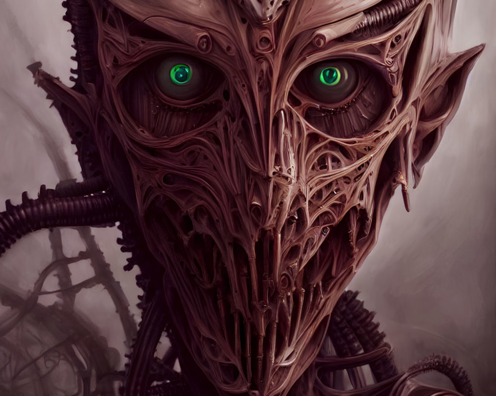 Detailed Alien Face Illustration with Biomechanical Features and Green Eyes