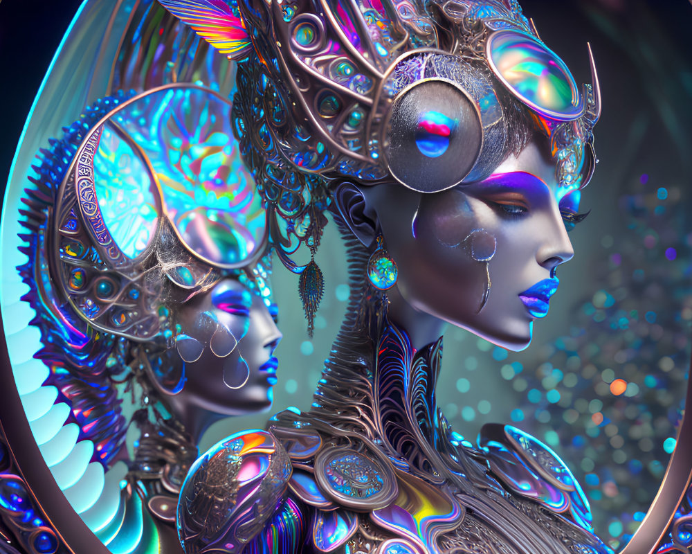 Futuristic digital artwork of two figures with elaborate metallic headdresses