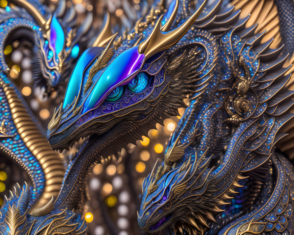 Detailed Metallic Blue Dragon Artwork with Golden Orb Backdrop