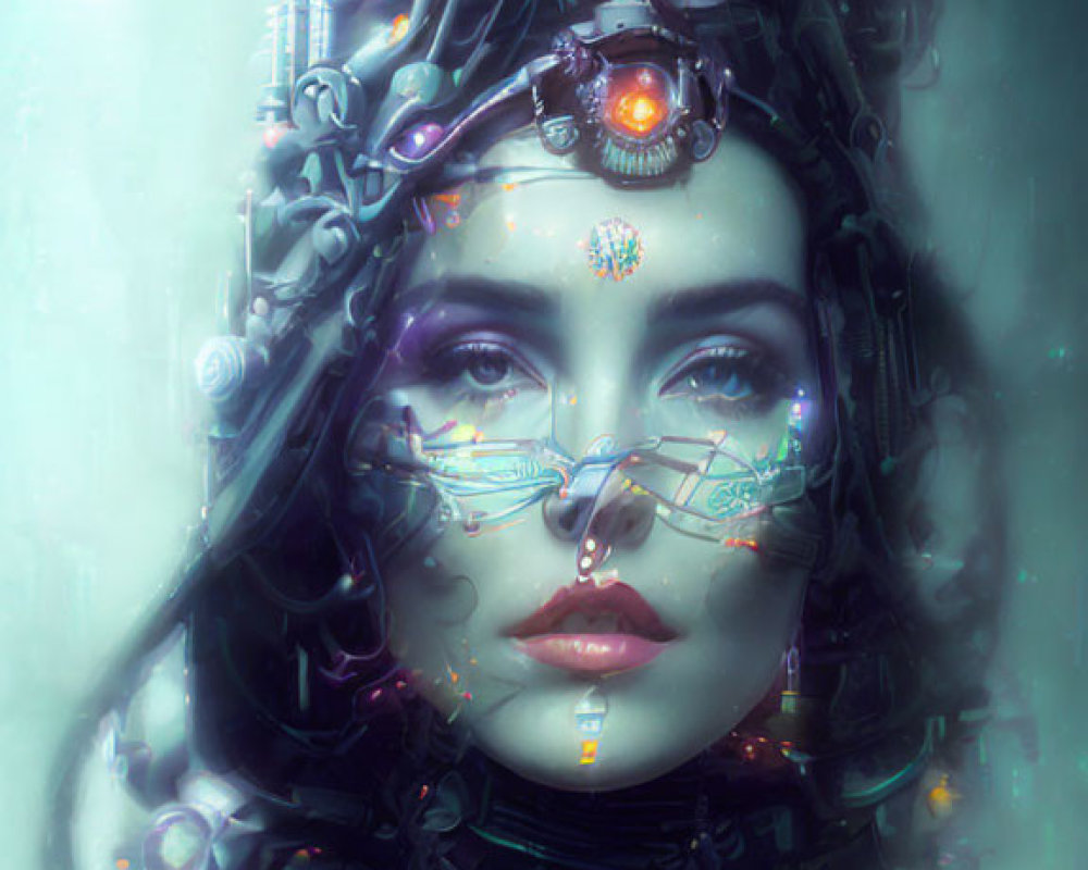 Futuristic woman with cybernetic enhancements on teal backdrop