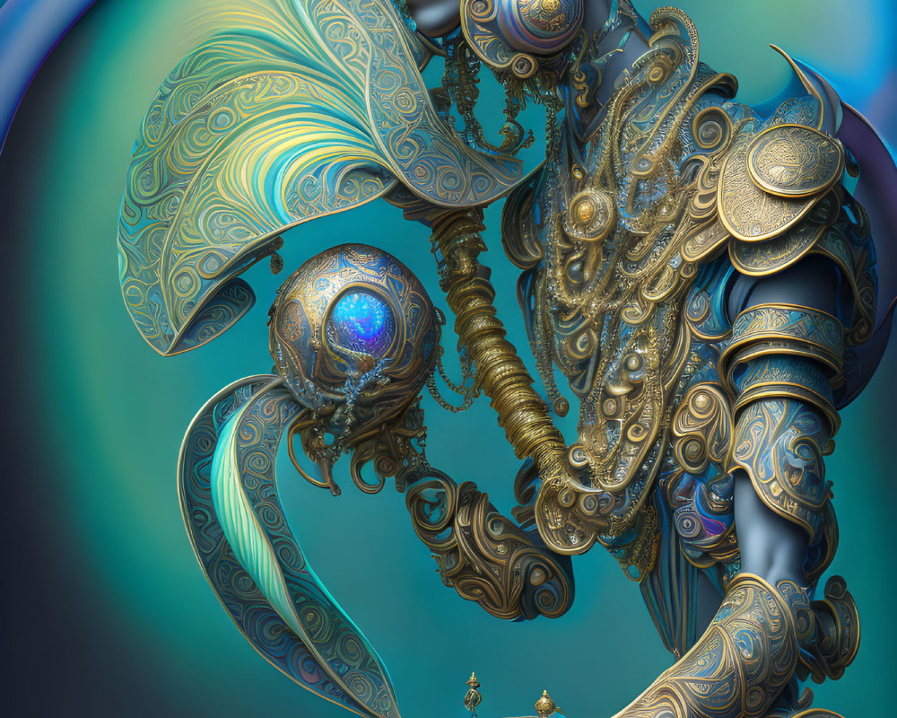 Detailed artwork of humanoid figure in ornate gold and blue armor