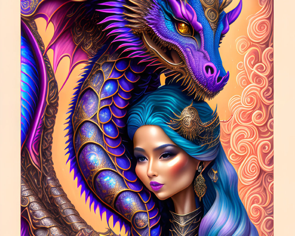 Colorful Illustration: Woman with Blue Hair and Ornate Dragon