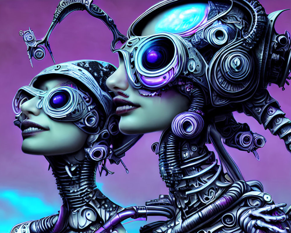 Detailed Cybernetic Creatures with Mechanical Structures on Purple Background