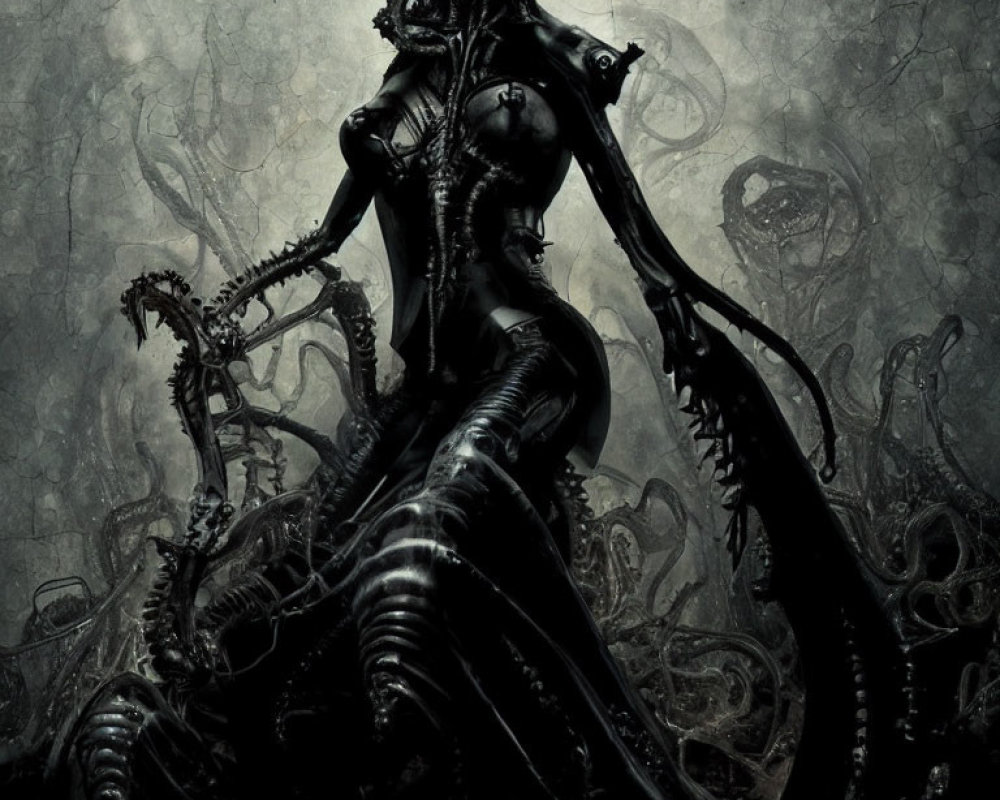 Menacing biomechanical alien creature in dark, eerie setting