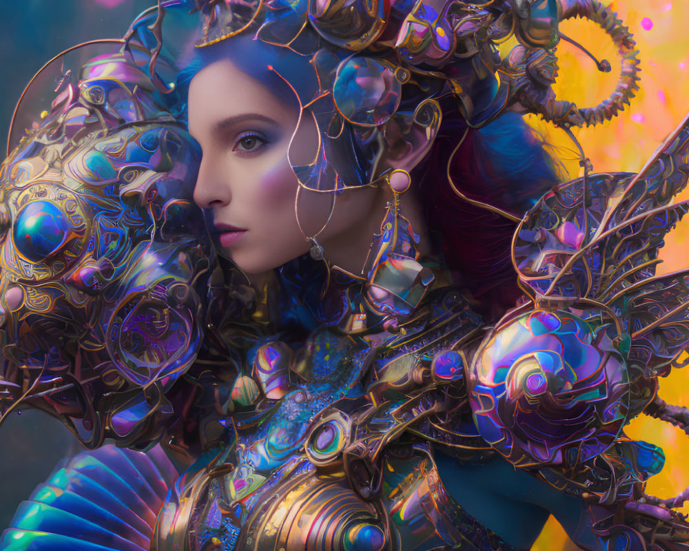 Detailed Iridescent Armor with Bubble-like Patterns on Woman against Colorful Background