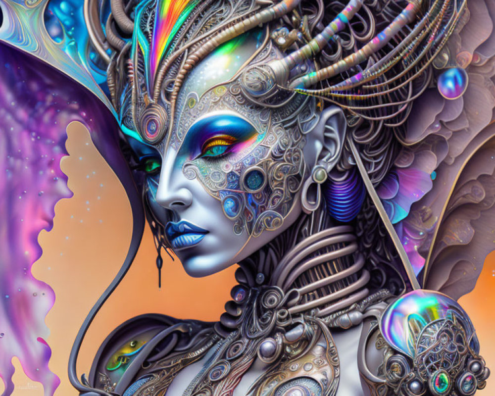 Colorful digital artwork: Female figure with futuristic designs, metallic textures.