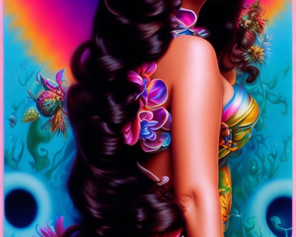 Curly-Haired Woman Against Psychedelic Floral Background