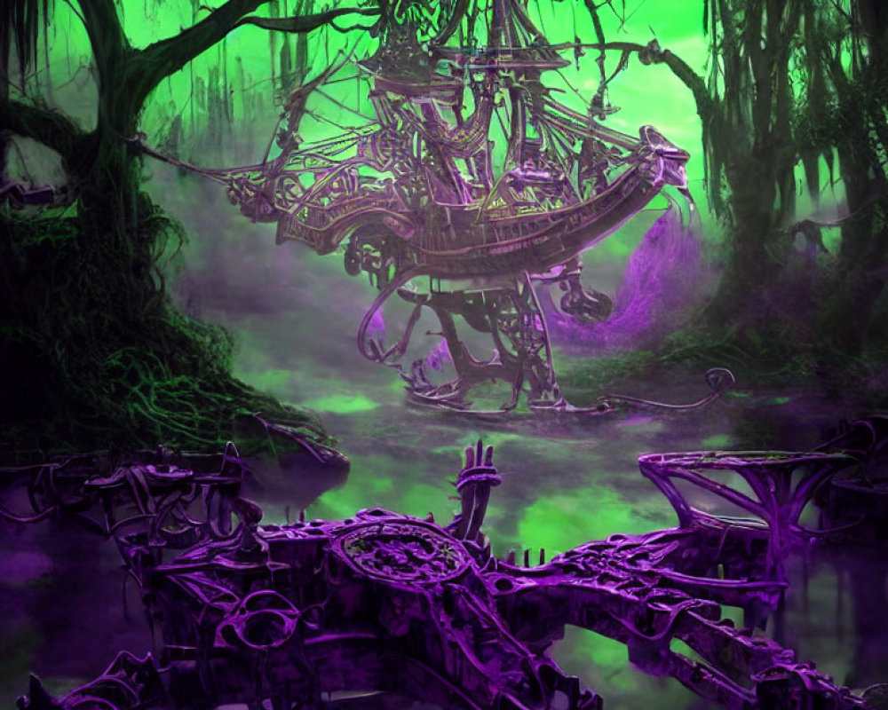 Ethereal overgrown ship in purple and green swamp