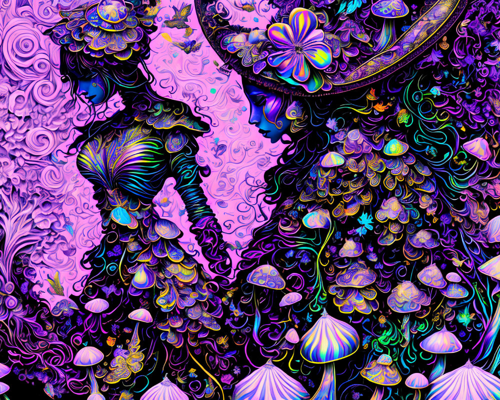 Colorful Psychedelic Artwork: Two Figures with Mushroom and Nature Motifs