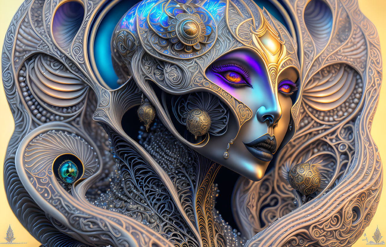 Stylized digital artwork of metallic female figure with orbs in golden background