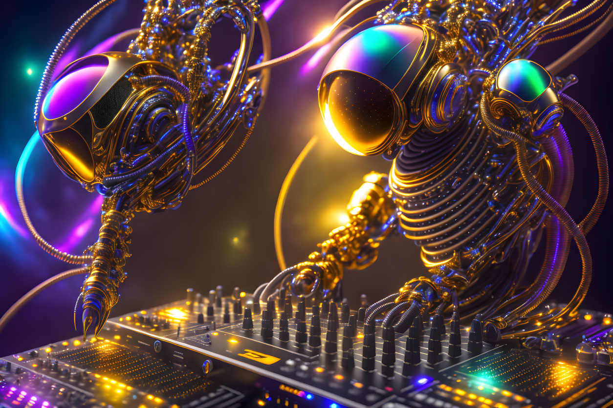 Intricate gold and silver robotic arms on futuristic audio mixing console