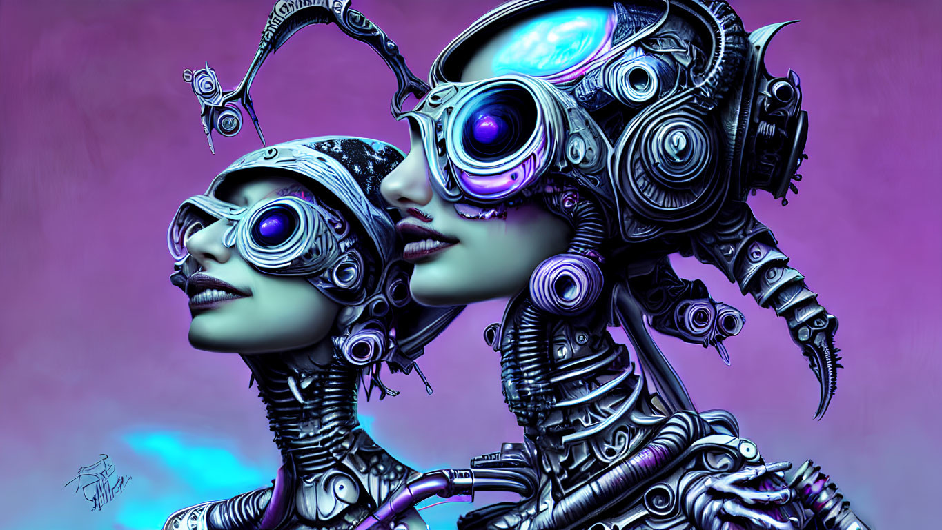 Detailed Cybernetic Creatures with Mechanical Structures on Purple Background