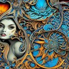 Colorful artwork: Stylized woman with mythological creatures in orange and blue.